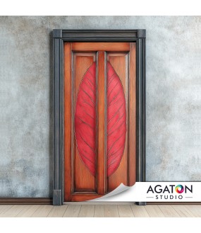 Czerwony Liść w Drewnie - Naklejka na drzwi - nr N-80106