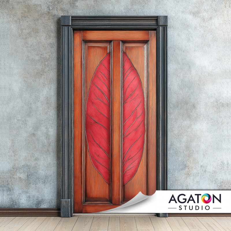 Czerwony Liść w Drewnie - Naklejka na drzwi - nr N-80106