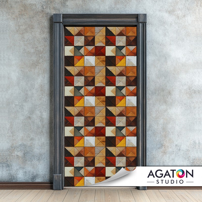 Drewniana Mozaika Trójkątów | Naklejka na drzwi nr N-80116