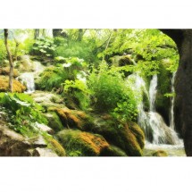 Fototapeta zielone wzgórze z wodospadem
